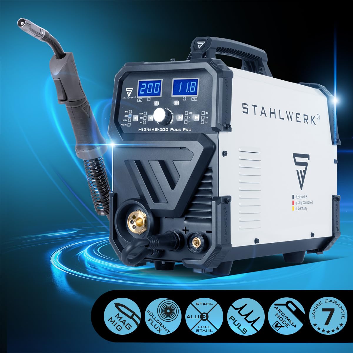 STAHLWERK Schweißgerät 5-in-1 Kombi MIG/MAG 200 Puls Pro – vollsynergisch Schweißen bis 200 A, FLUX (Fülldraht), Lift-TIG, MMA (ARC) und Puls-MIG für Aluminium in einem Gerät, 4-Rollen-Antrieb, IGBT