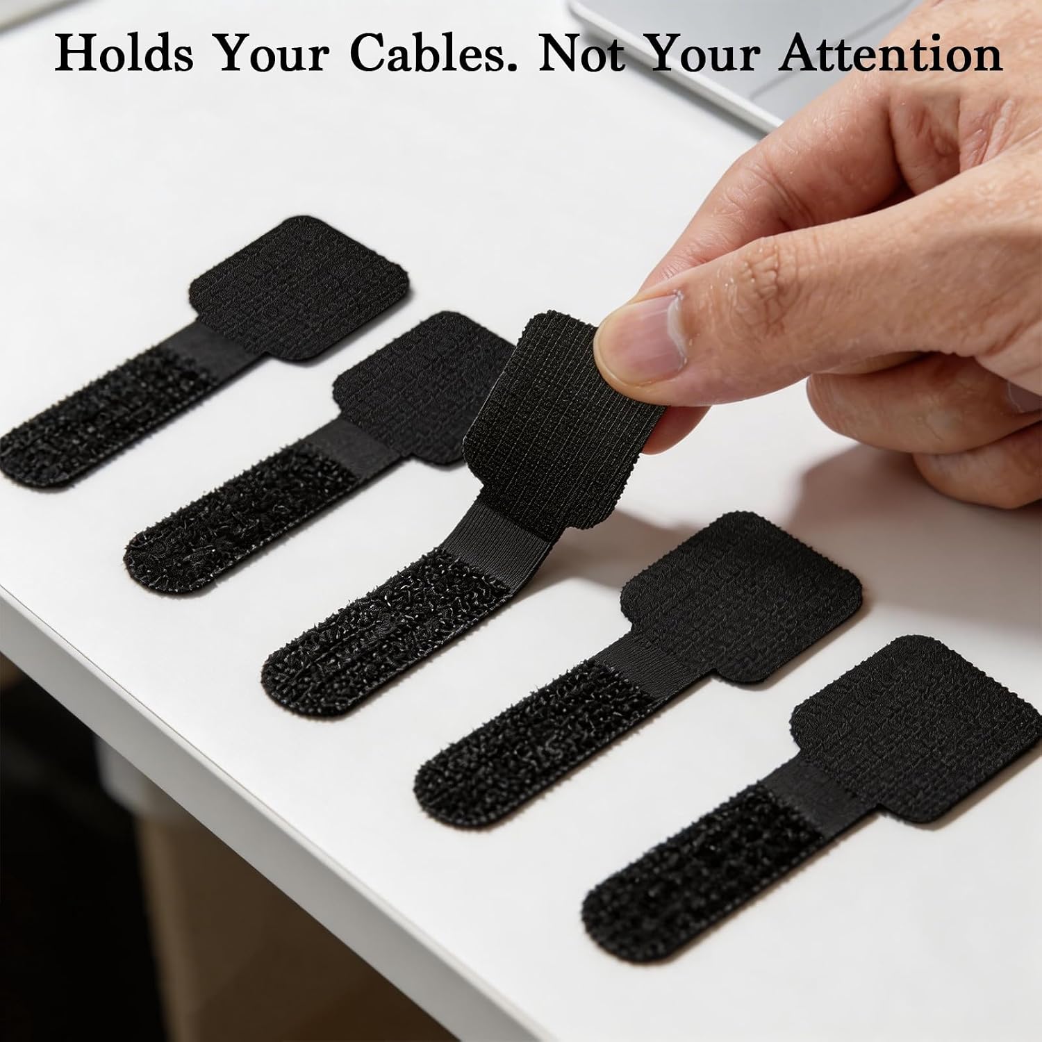 100 PCS Hook and Loop Cable Ties, Self Adhesive Cable Management Desktop Cable Straps & Under Desk Cord Organizer, Reusable Adjustable Wire Cords Organizers clips for Desk, Electronics (Black)
