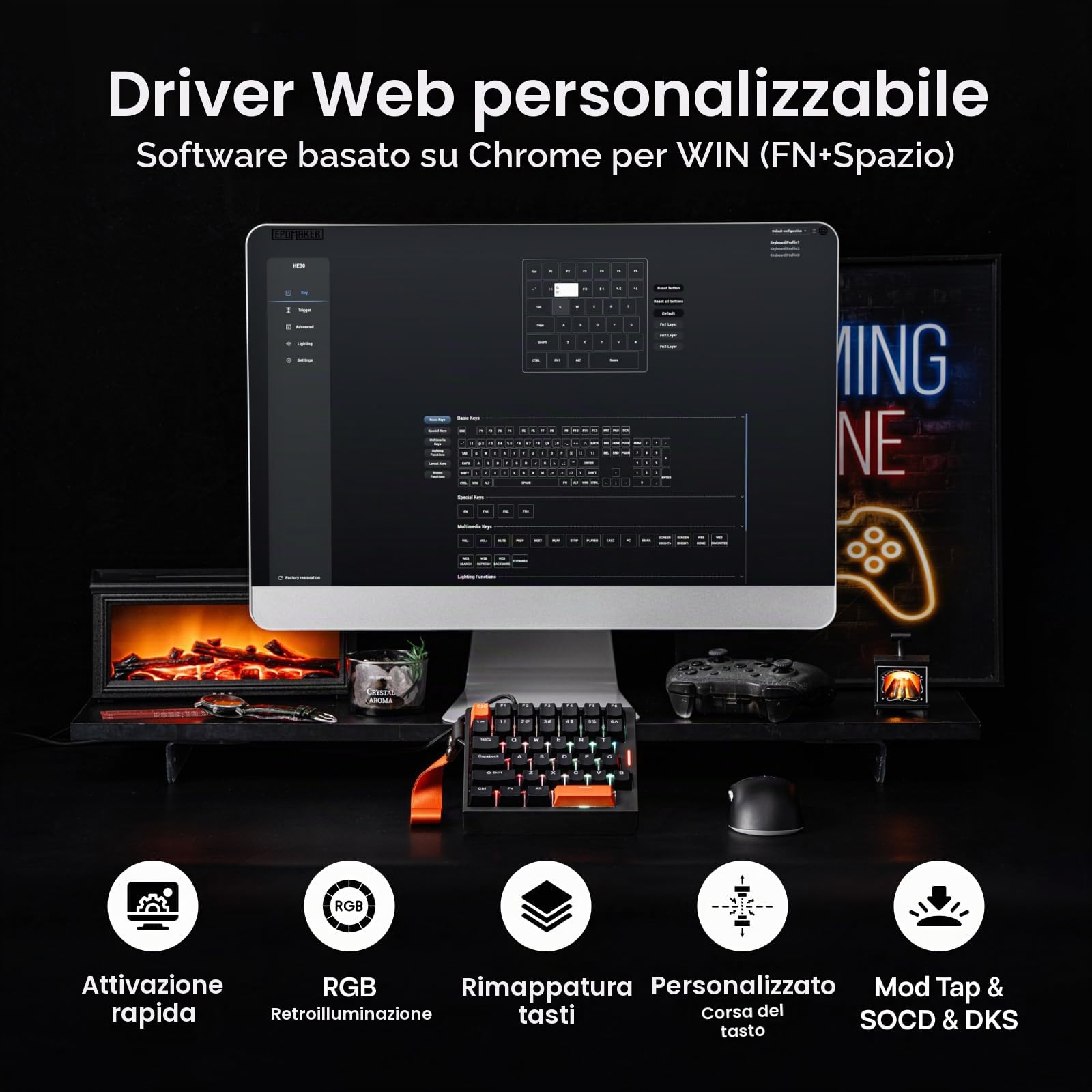 EPOMAKER HE30 Tastiera a Effetto Hall con Una Sola Mano, 8K Polling & 0.125ms, SOCD & Snap Key, Adjustable Trigger, PBT Keycap, RGB, Custom Software, Wired Gaming Keyboard for PC/Gamer (Nero)