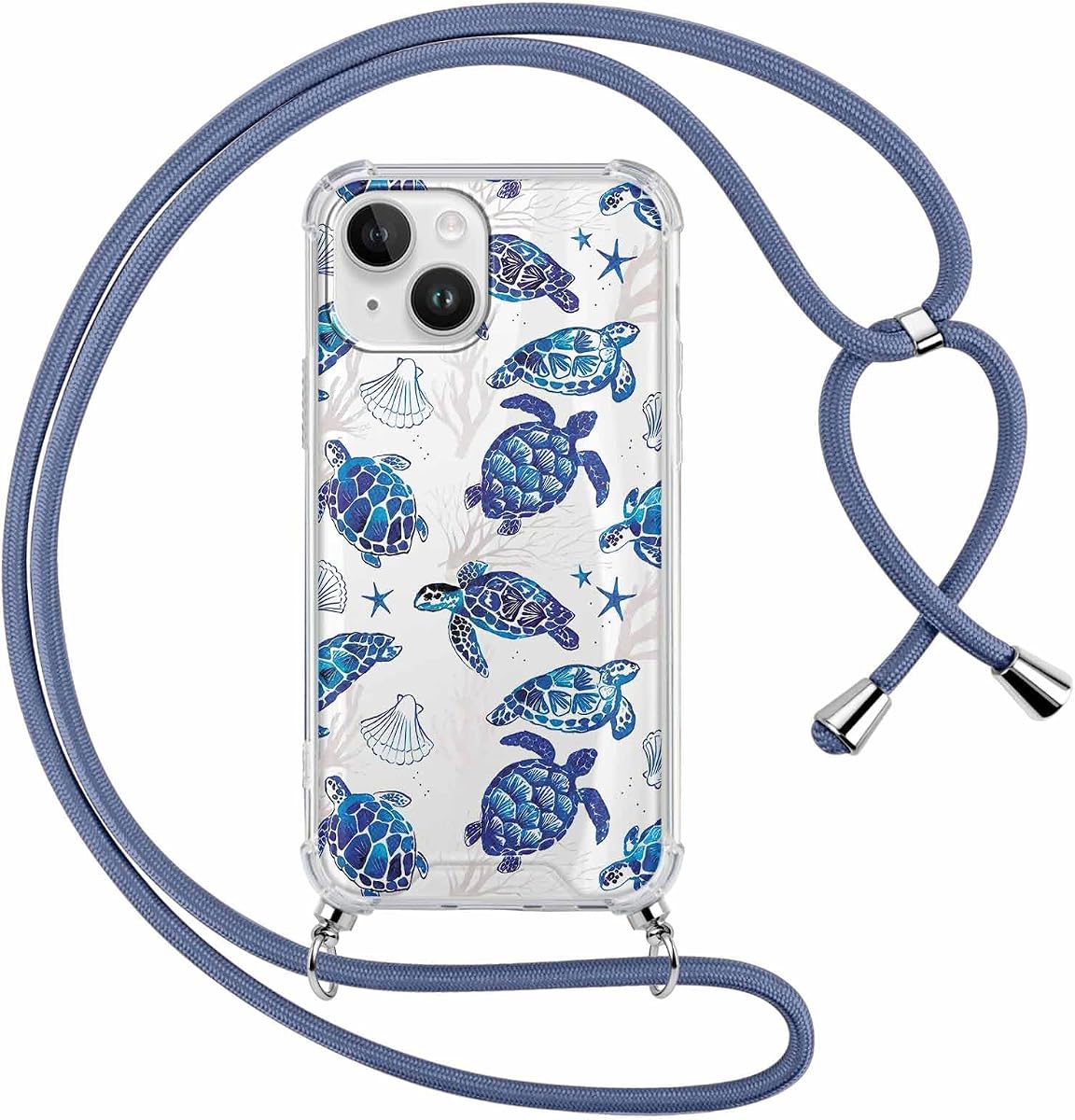 ZhuoFan Handykette Handyhülle für iPhone 13/iPhone 14 Hülle 6,1" mit Band, Transparent Aesthetic Meeresschildkröte Muster Cover mit Kordel zum umhängen Necklace Case Silikon Schutzhülle, 07