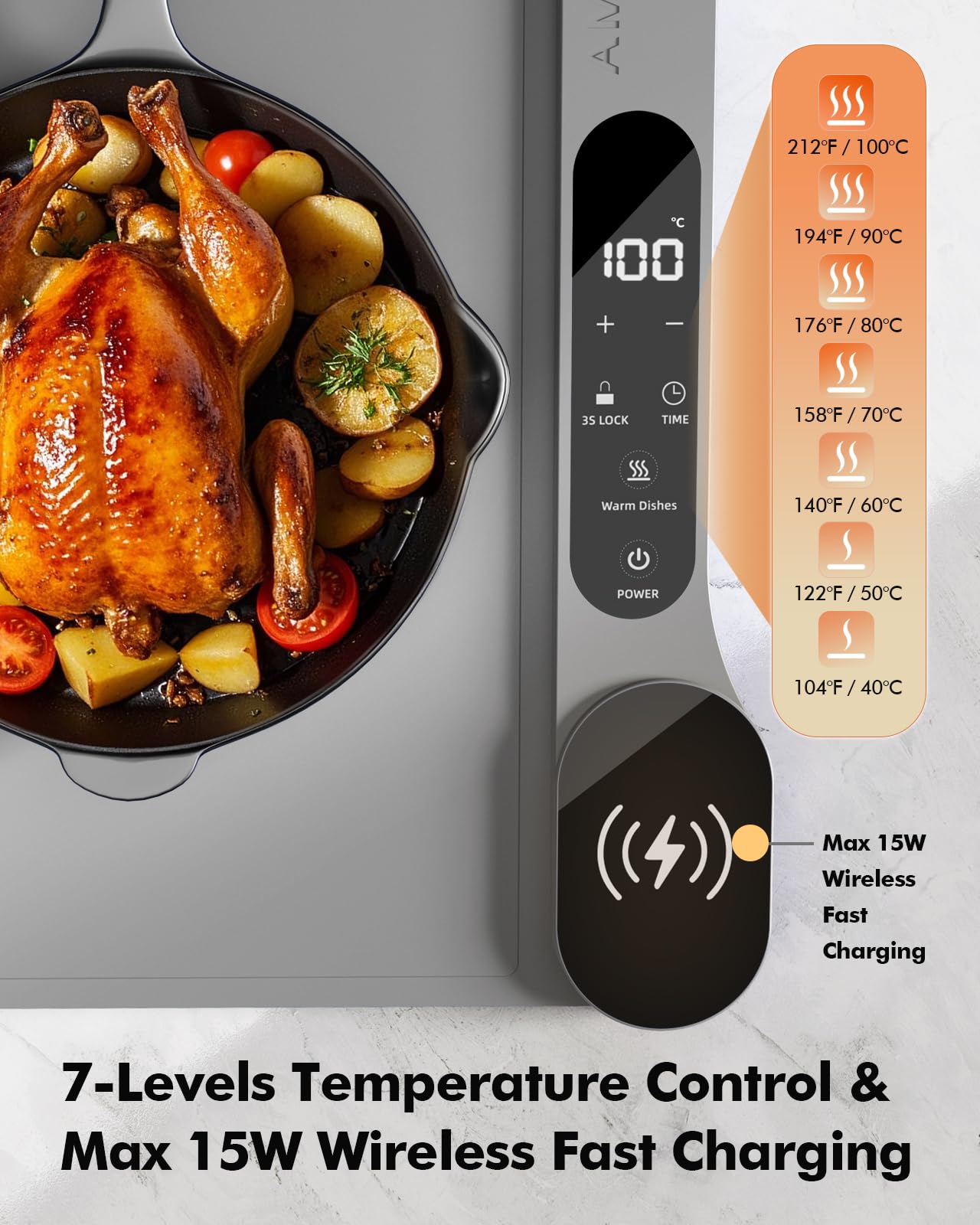 Alfombra Calentador Comida Portatil Nueva con Carga Inalámbrica, 34"x15" Extra Grande, 7 Niveles de Temperatura, Temporizador de 8 Horas, Bandeja Calefactora Eléctrica para Comidas y Fiestas (Gris)