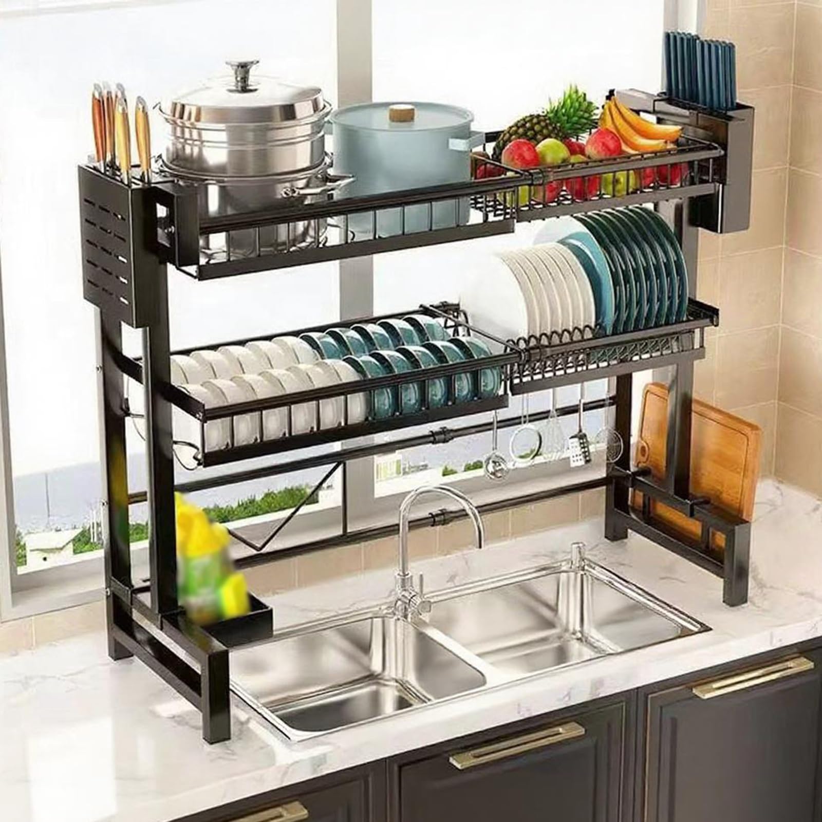 Escurridor grande de metal para platos de cocina con cesta de cubiertos, almacenamiento multifuncional de vajilla de 2 niveles, estante para platos para encimera de fregadero
