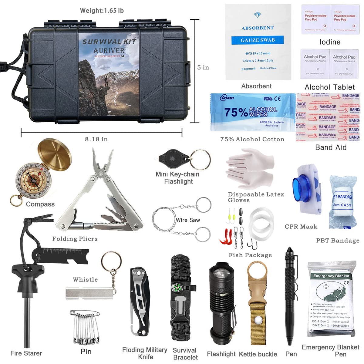 Kit de Supervivencia, 63 en 1 Multifuncional Equipo de Botiquín Primeros Auxilios, Regalos Ideales de Navidad y Cumpleaños para Hombres Supervivencia de Emergencia para Viajar Caminar Acampar