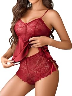 FEBEUL Women’s Lace Lingerie Set Satin Transparent Nightwear Cami Top & Shorts Honeymoon Babydoll Dress Western Night Suit... Price In India