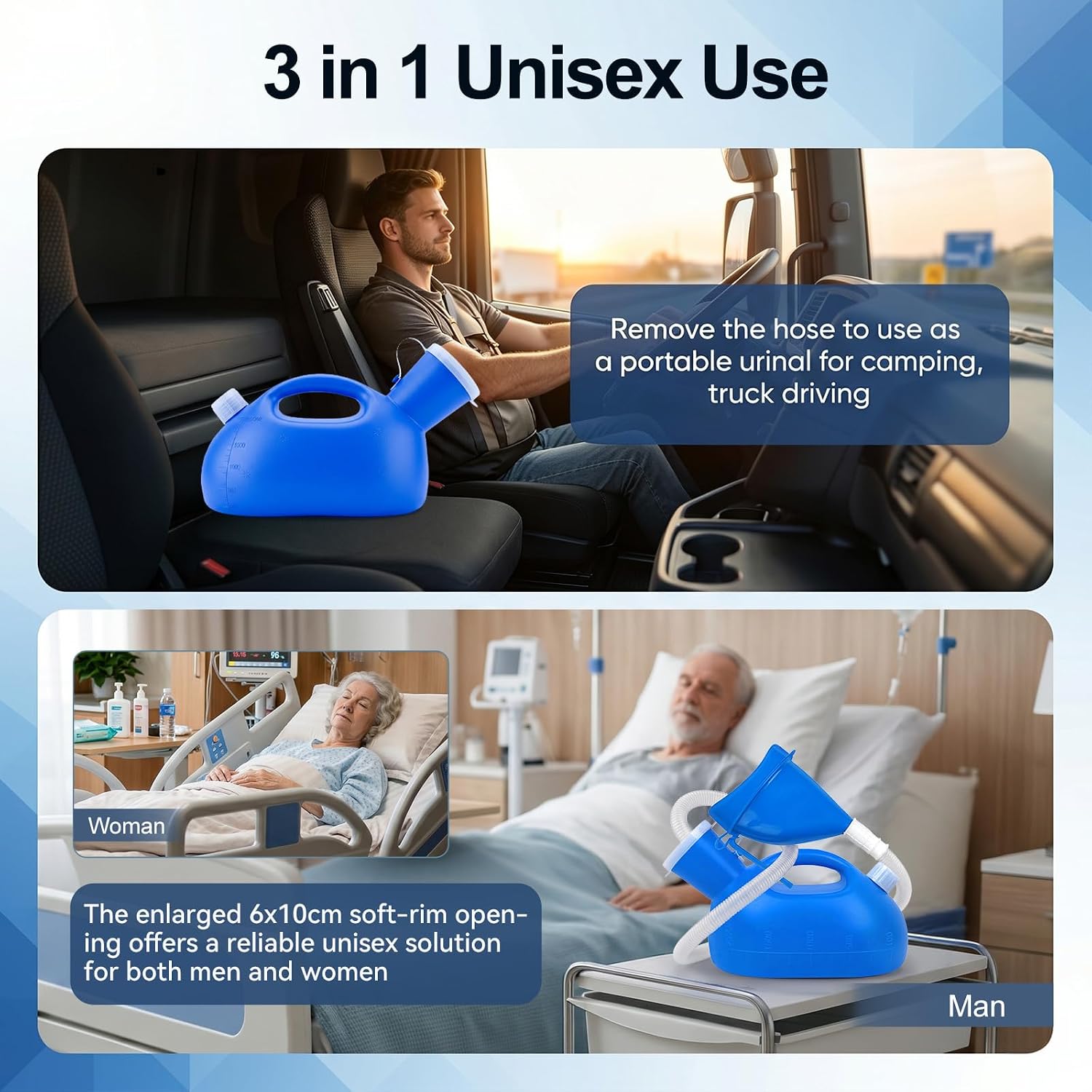 Urinals for Men Spill Proof, Portable Urinal with Soft Wide Opening & Silicone Seal, Male Urinal Bottle with 47" Hose for Seniors, Bedside, Wheelchair, 2000ML Unisex Design