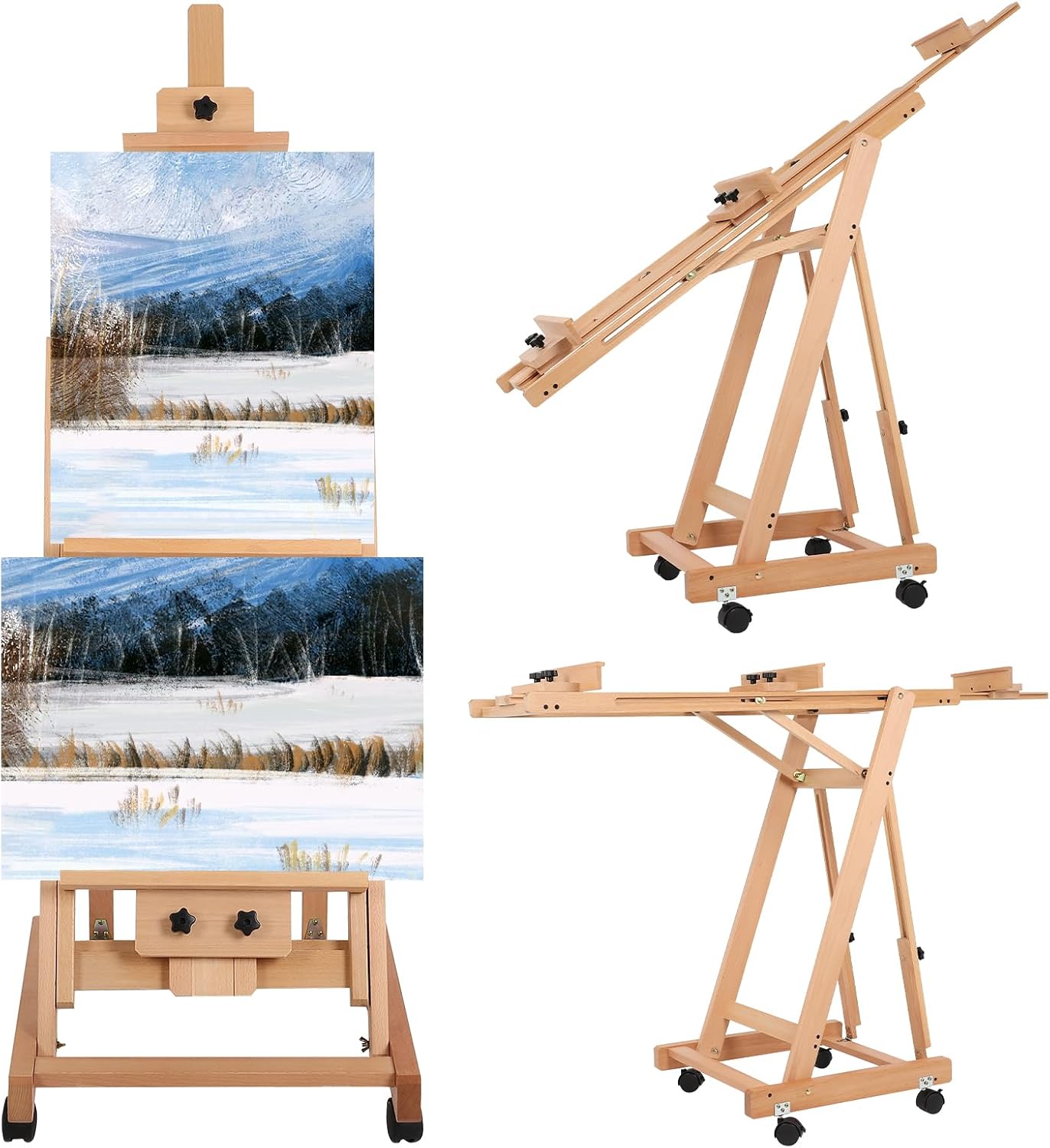 Painting Easel for Adults, Holds 2 Canvases Painting Easel, Removable Floor Adjustable Easel with Brake Wheels, Art Easel for Adults, Natural