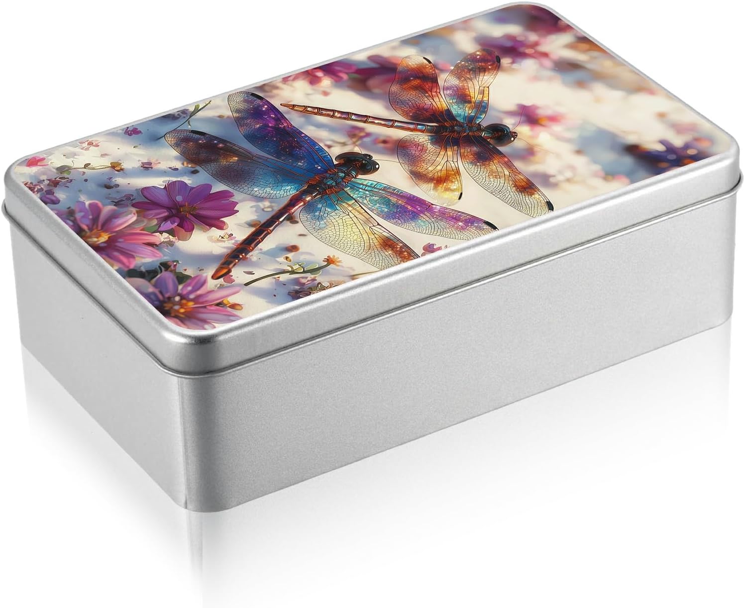 Metal Tin Box with Lid, Rectangular Silver Metal Storage Container, 7.09"×4.33"×2.17" Gift Decorative Empty Box, Dreamy Dragonflies
