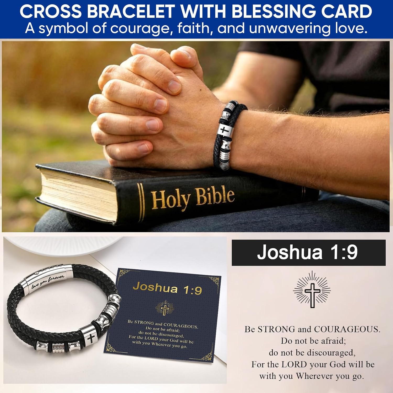 Men's Leather Cross Bracelet - Silver Double Row Braided Leather Cross Bracelet for Men with Inspirational Bible Verse Card, Faith Christian Religious Gift for Husband Son on Baptism Easter Birthday