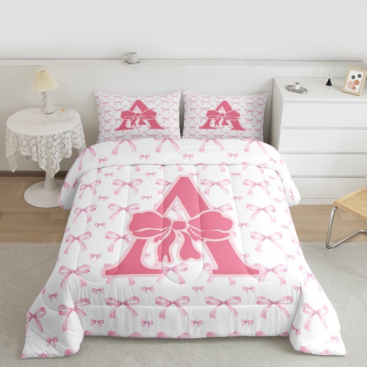 Feelyou Pink Bowknot Comforter Set All Season Initial A Bedding Set with 2 Pillow Cases Coquette Bows Microfiber Kids Full Bedclothes Monogrammed Bedroom Decor Duvet Quilt Breathable Soft Lightweight