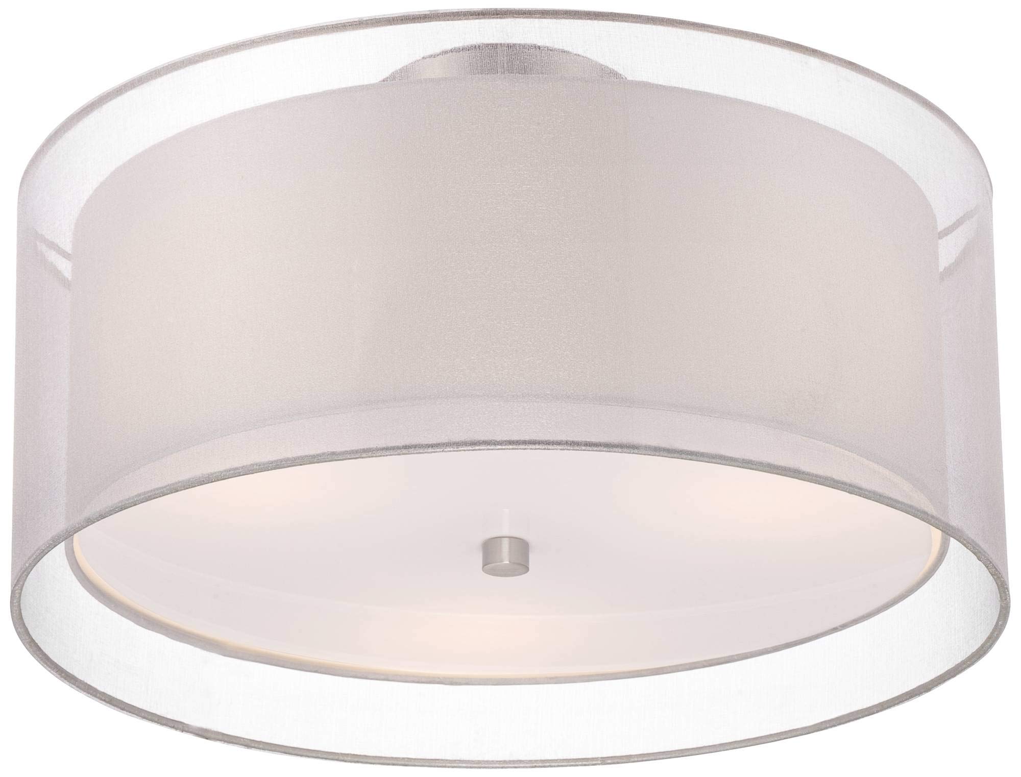Possini Euro Design Modern Close to Ceiling Light Flush Mount Fixture Polished Nickel 18" Wide White Silver Organza Double Drum Shade for House