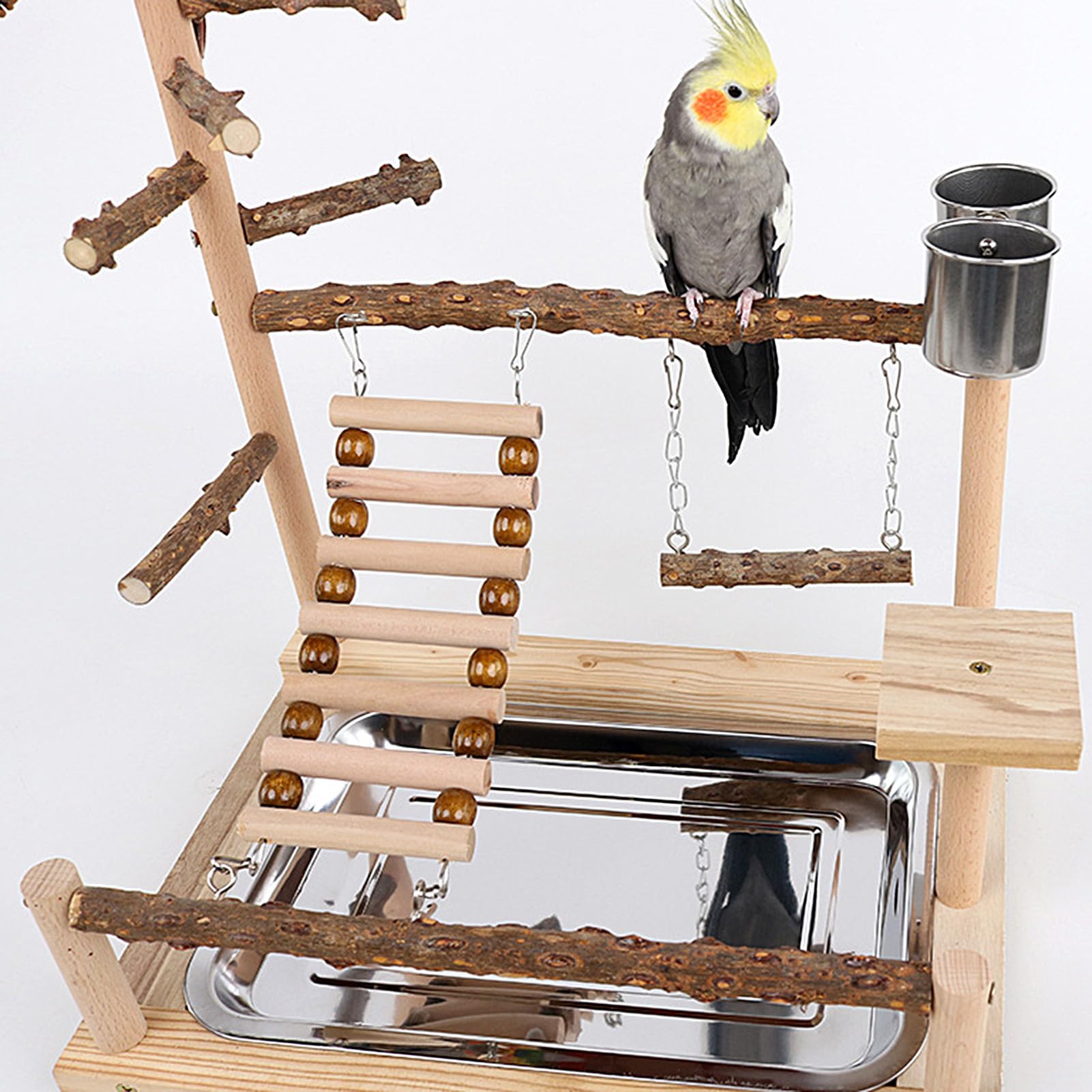 Palestra da gioco per pappagalli, supporto da gioco in legno con altalena, tazza in acciaio inox e vassoio, pappagallini, parrocchetti, finchi, tartarughe, arrampicata, giocattolo per esercizi per