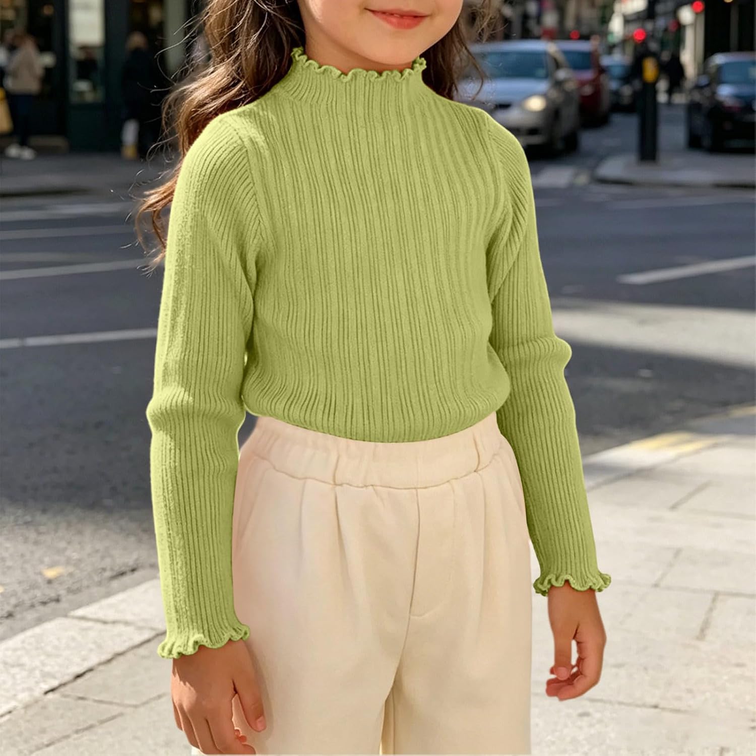 Girls Ribbed Lettuce Edge Mock Neck Fitted Layering Tops