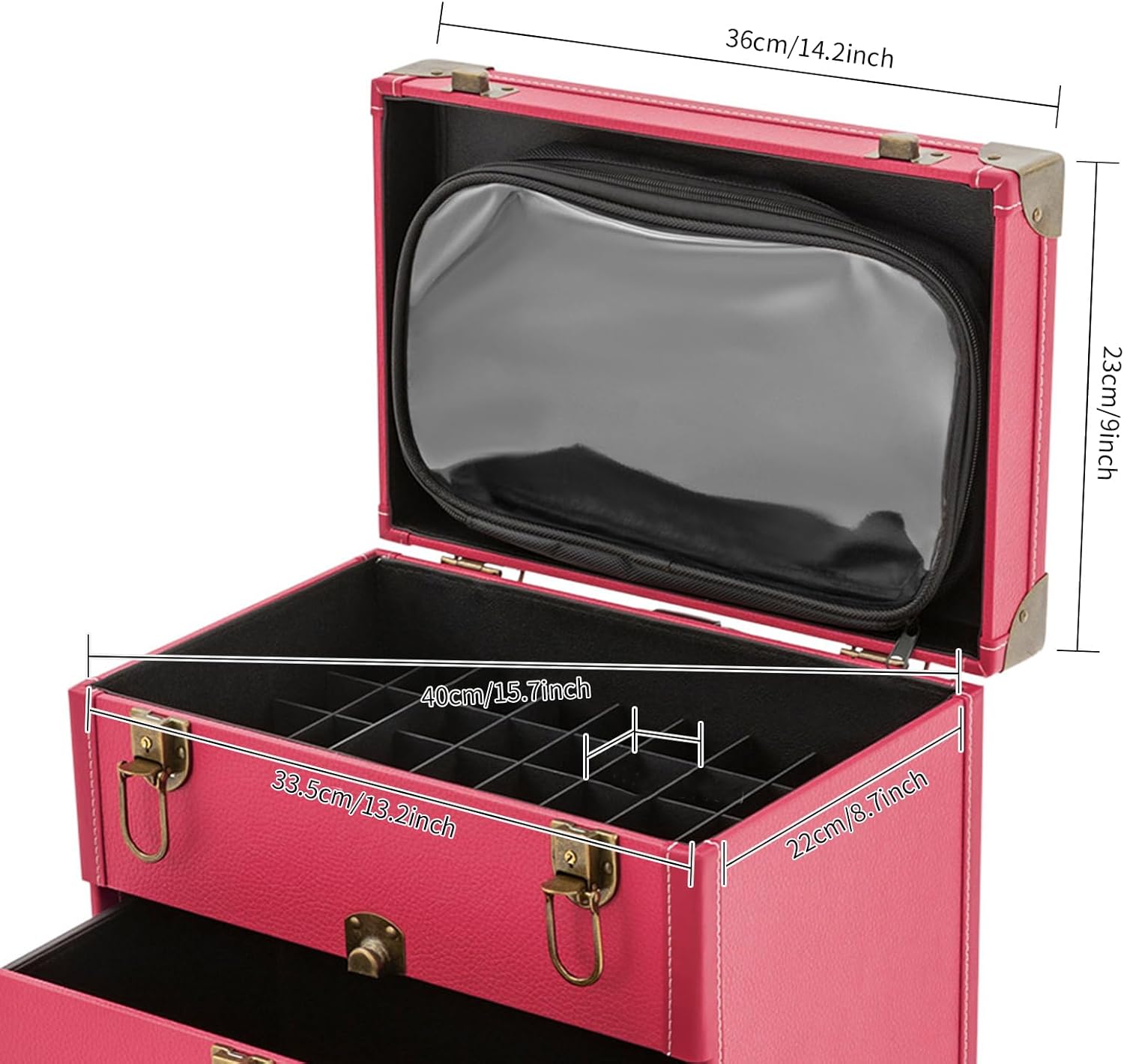 Rolling Makeup Train Case, 3 Tier Cosmetic Trolley Organizer with 4 Wheels, PU Aluminum Nail Polish Storage Rolling Case, Lockable Makeup Case, Rose, for Makeup Artists, Manicurists, Salon, Wedding