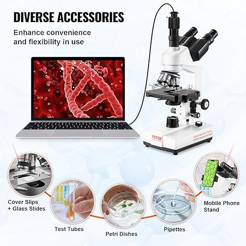 Miniatura 5 de VEVOR Microscopio compuesto trinocular, aumento 40X-5000X, microscopio LED compuesto trinocular de laboratorio digital Microscopio LED de dos capas