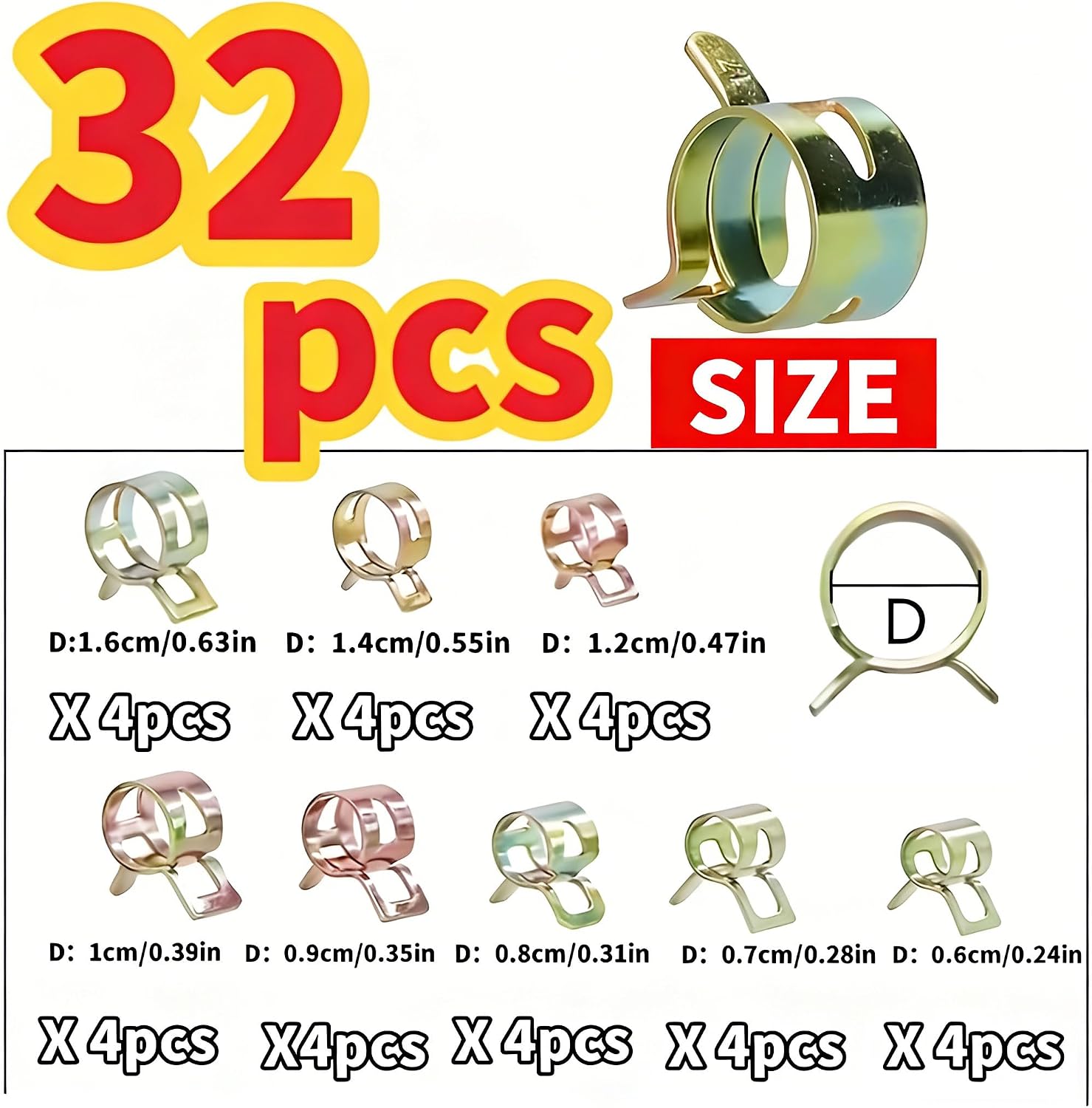 32Pcs Spring Hose Clamps Assortment Kit, 304 Stainless Steel & Copper Fuel Line Clips, 0.24-0.63 Inch No-Tool Installation Hose Clamps for Automotive, Plumbing, Gas Line, Irrigation Pipes