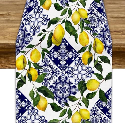 JanJCurt Tischläufer mit blauen Fliesen, sommerfrische Zitrone, Blumendruck, Tis