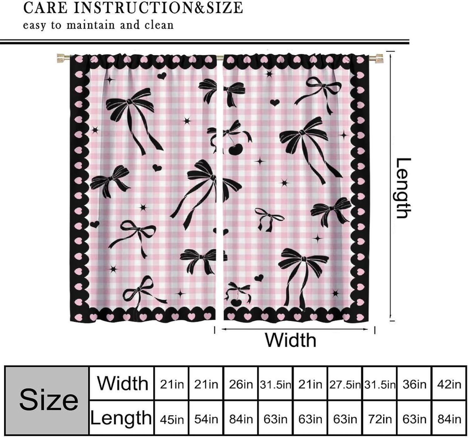 Bow Blackout Curtains Pink White Plaid Black Bow Modern Fashion Aesthetic Art Print Kids Girls Bedroom Living Room Rod Pocket Decoration Window Drapes 2 Panels W21xL54in
