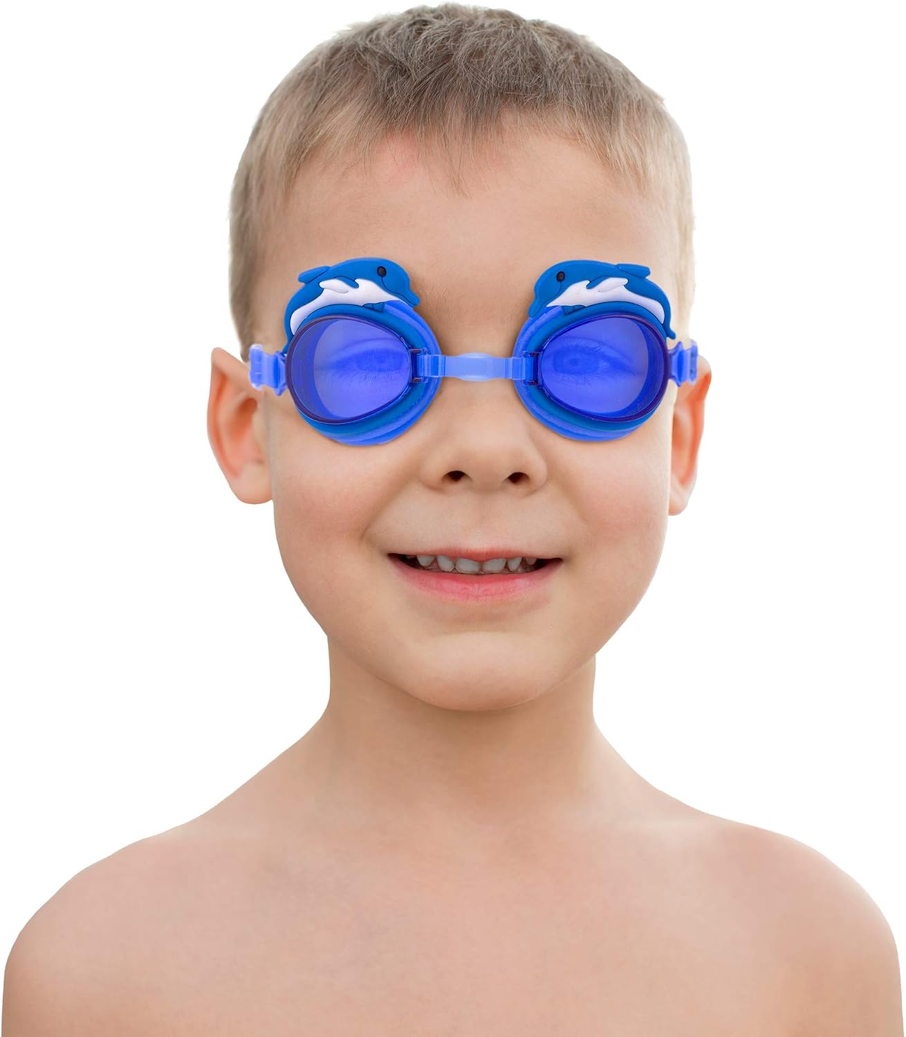 Dolphin Kids Goggles with Case | Swimming Eyewear, UV Protection & Anti-fog Lenses for Boys & Girls | Polycarbonate Lenses, Silicone Strap, Adjustable Nose Bridge | Recreation, Pool & Beach Use (Blue)