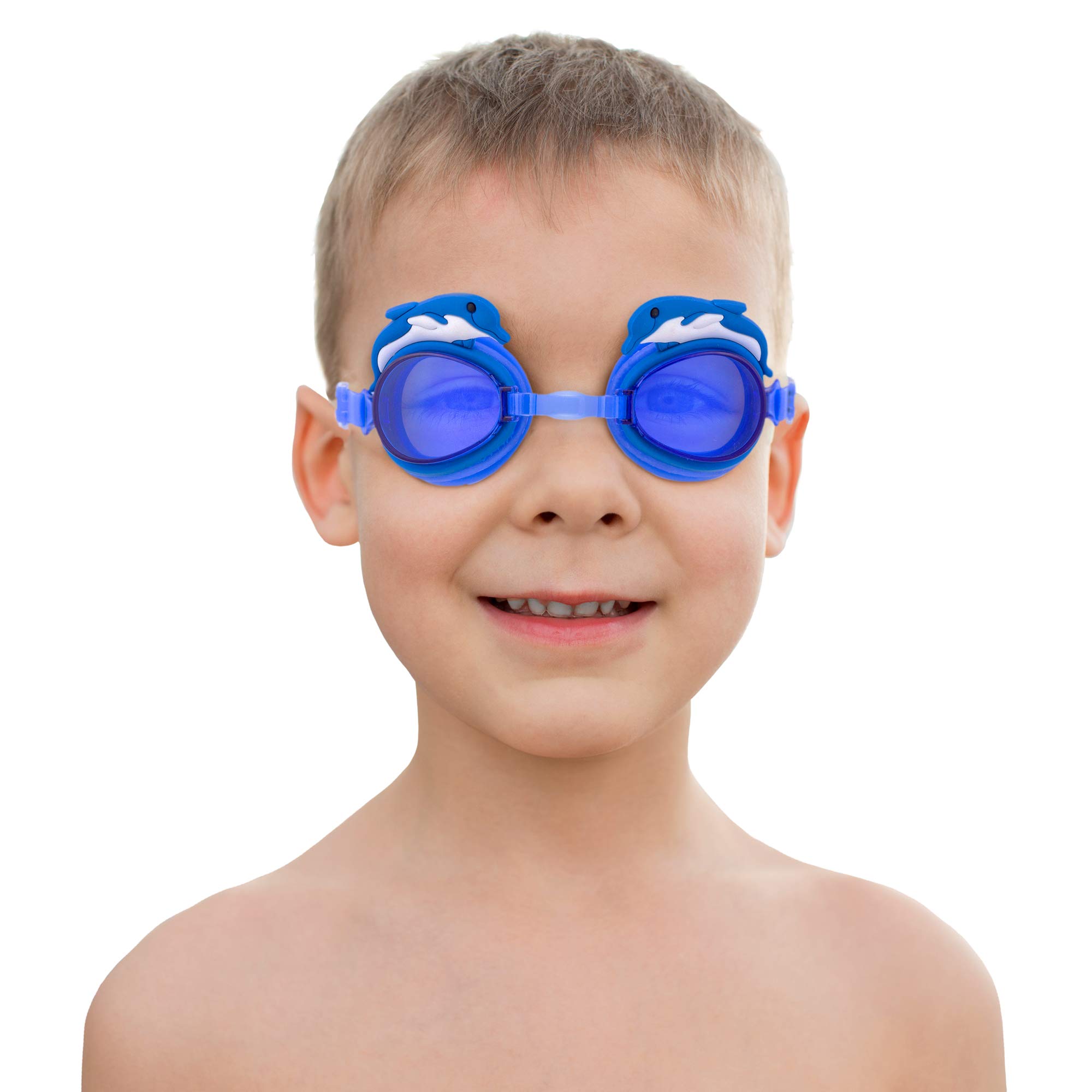 Dolphin Kids Goggles with Case | Swimming Eyewear, UV Protection & Anti-fog Lenses for Boys & Girls | Polycarbonate Lenses, Silicone Strap, Adjustable Nose Bridge | Recreation, Pool & Beach Use (Blue)
