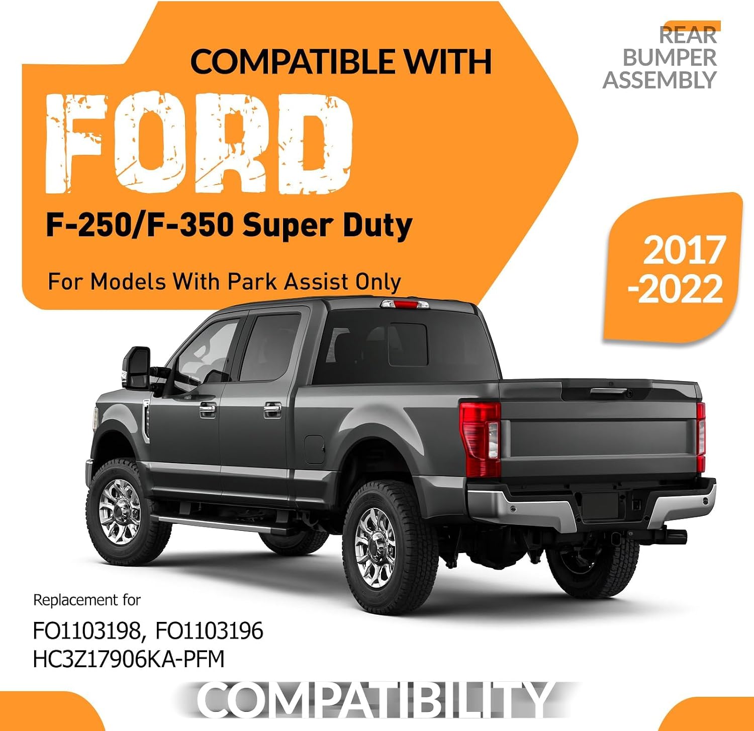 KUAFU Rear Step Bumper Assembly Compatible with 2017-2022 Ford F-250 F-350 Super Duty w/Park Assist Hole Replace for FO1102387 HC3Z17906KA Back Bumper Assembly Plastic+Steel Chrome Silvery+Black