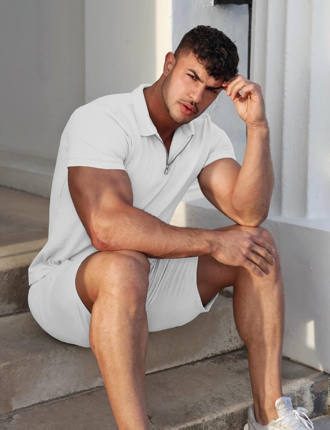 URRU Men's 2 Piece Outfits Short Sleeve Casual Polo Shirt and Shorts Set Summer Quarter Zip Tracksuit for Men S-XXL - Image 4