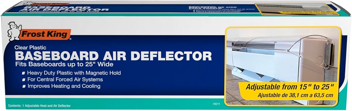Frost King HD11 Baseboard Air Deflector, Heavy Duty, Clear Plastic with Magnetic hold, Fits baseboards up 25' wide, Adjustable 15 to 25