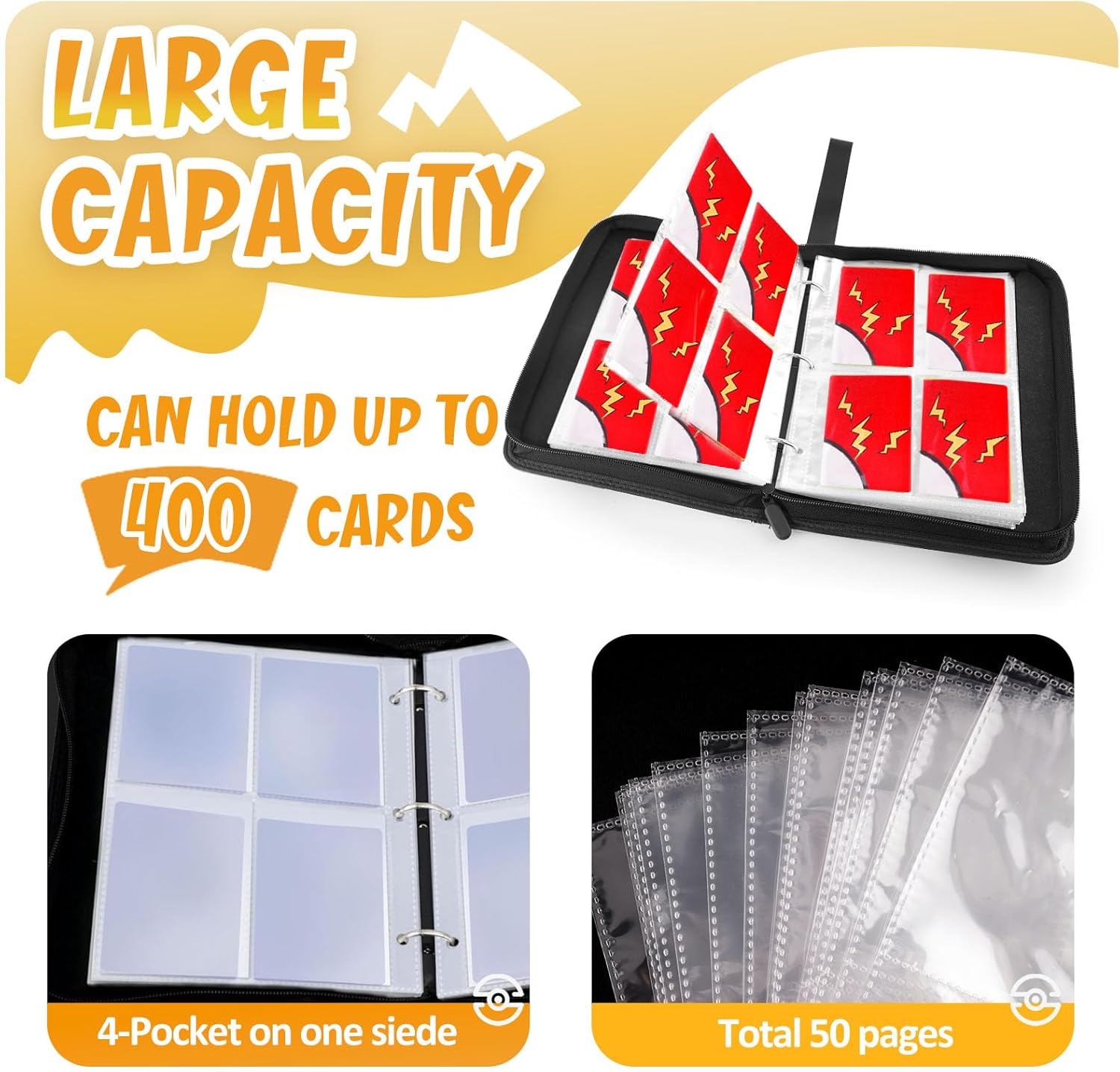 Card Binder 4-Pockets, 400 Pockets Card Holder with 50 Removable Sleeves, Trading Card Collector Zipper Album Holder, Red