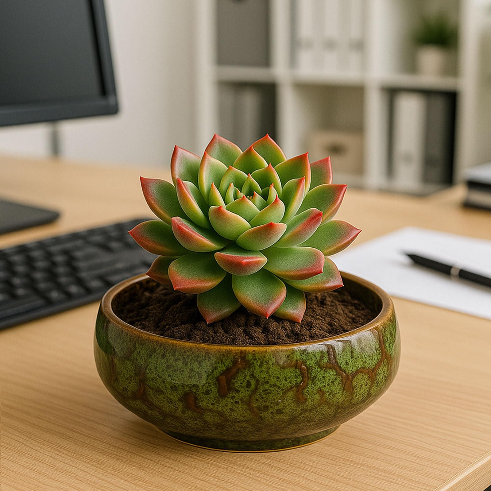Maceta de cerámica esmaltada Lotus Bowl para plantas acuáticas, para interior y exterior, hidropónica, poco profunda, para semillas de loto, suculentas, bonsái, composición de nenúfares (azul)