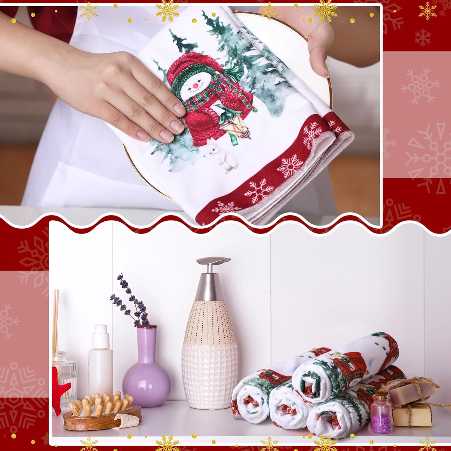 Preboun 4 Pack Christmas Snowman Kitchen Towels Set 17 x 26inch Absorbent Xmas Dish Towel Christmas Tree Snowflake Snowman Bath Towel Decorative Winter Tea Towel for Housewarming Cooking Bathroom Gift - Image 6