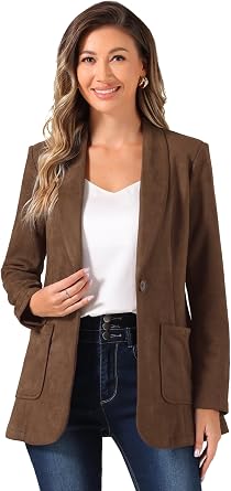 Allegra K Faux Suede Blazer for Womens Lapel Collar One Button Dressy Suit Jacket