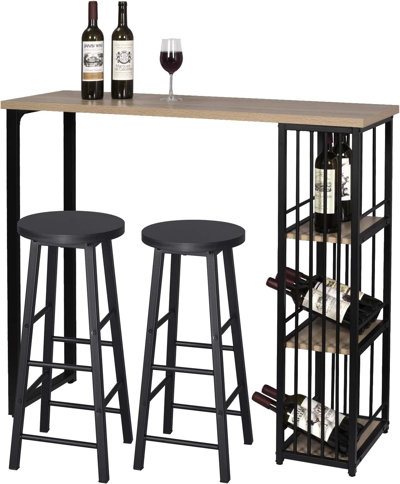 WOLTU Kitchen Bar Table and 2 Stools Set Breakfast Dining Table Light Oak+Black Coffee Table Strong Metal Frame BT26hei+BH130sz-2