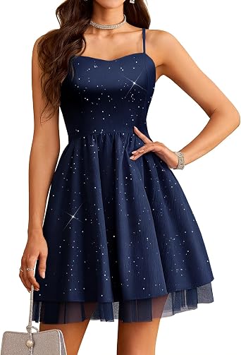 HomRain Sparkly Sequined Cocktail Dress for Women Spaghetti Strap A Line Homecoming Graduation Dress with Soft Tulle Lining