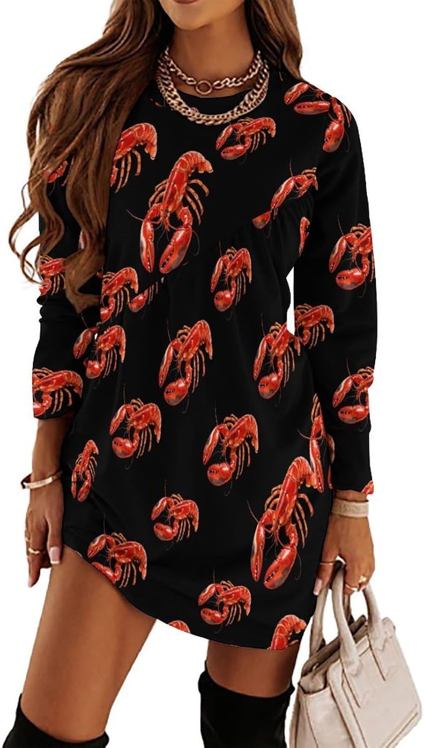 Red Lobster Women's Fleece Sleeve Sweatshirt Dress Long Pullover Casual Dresses