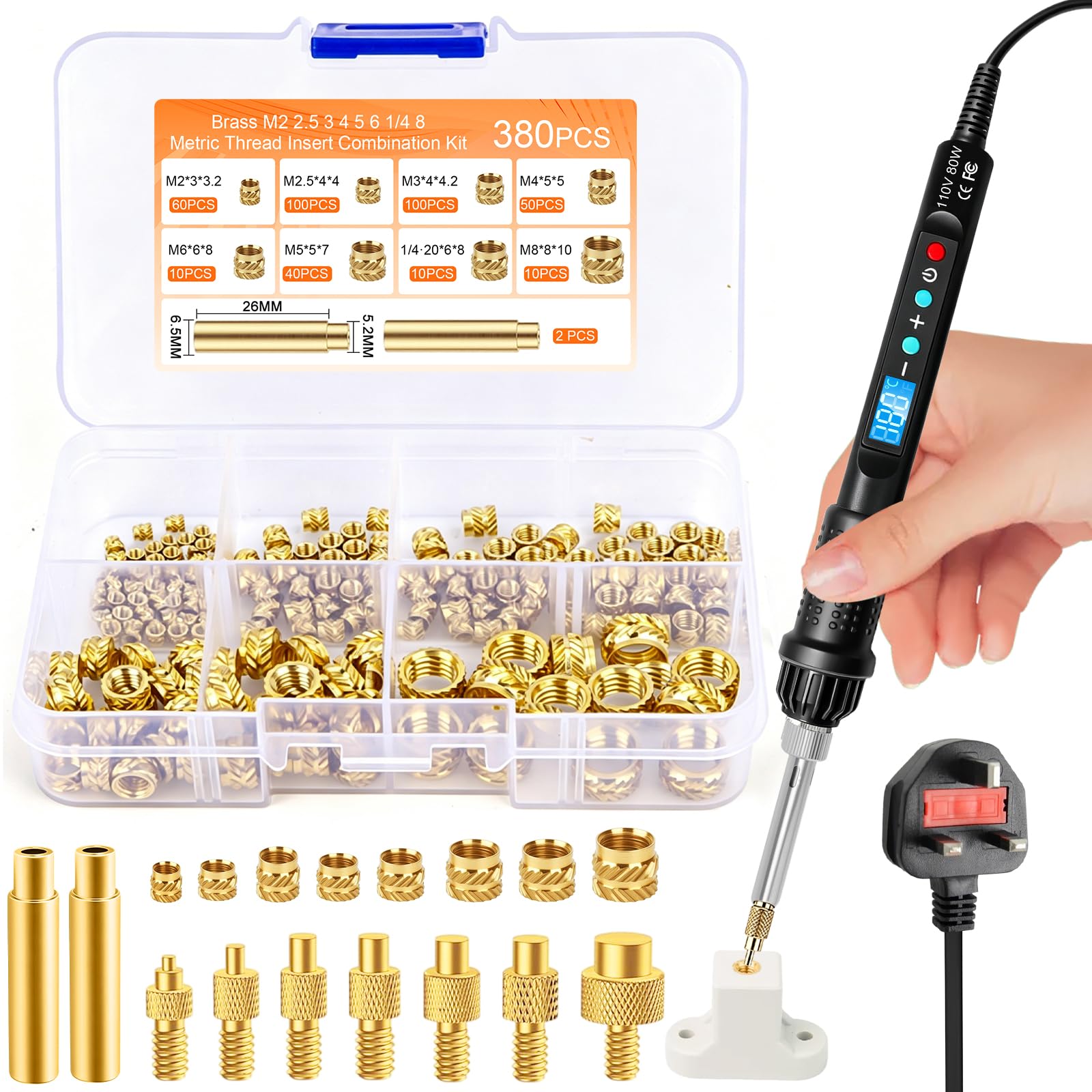 AOBOPLE Soldering Iron Tips for Threaded Inserts Set 80W LED Soldering Iron Kit Adjustable Temperature 180-500°C with 380PCS Threaded Inserts M2/M3/M4/M5/M6/M8 for Inserts 3D Printing and Plastic