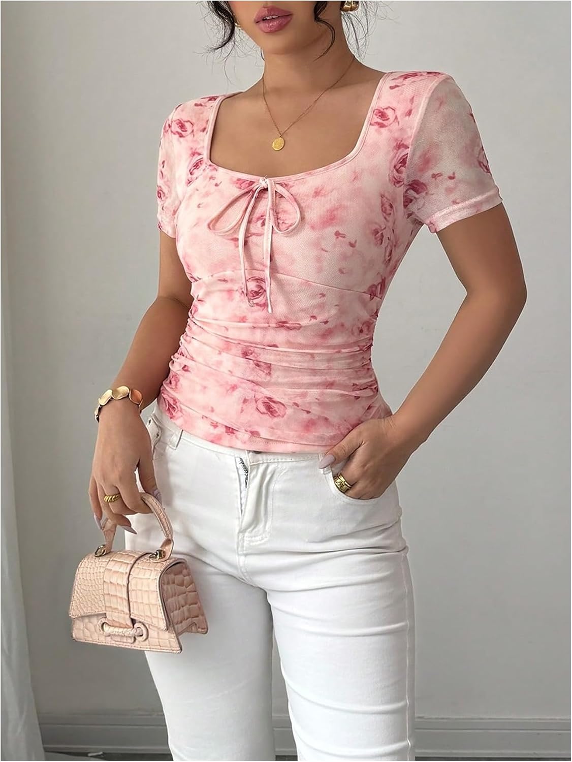 GORGLITTER Women's Floral Mesh Fitted Tops Ruched Bow Tie Front T Shirt Short Sleeve Spring Going Out Tops