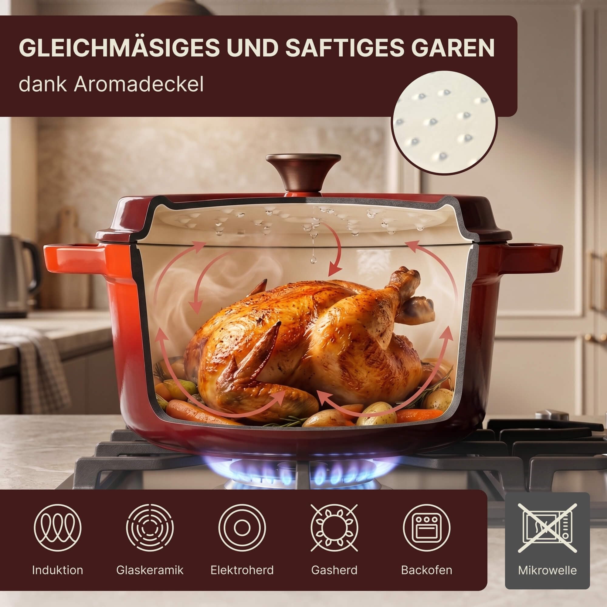 Brotbackform 4L Emaillierter Gusseisen Topf mit Deckel Ø24 cm Schmortopf Bräter Dutch Oven alle Herdarten Induktion Backofen gleichmäßige Hitzeverteilung Cast Iron Pot