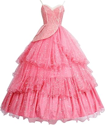 Womens Cosplay Costume Pink Princess Dress with Shoulder Strap Full Set for Halloween Party