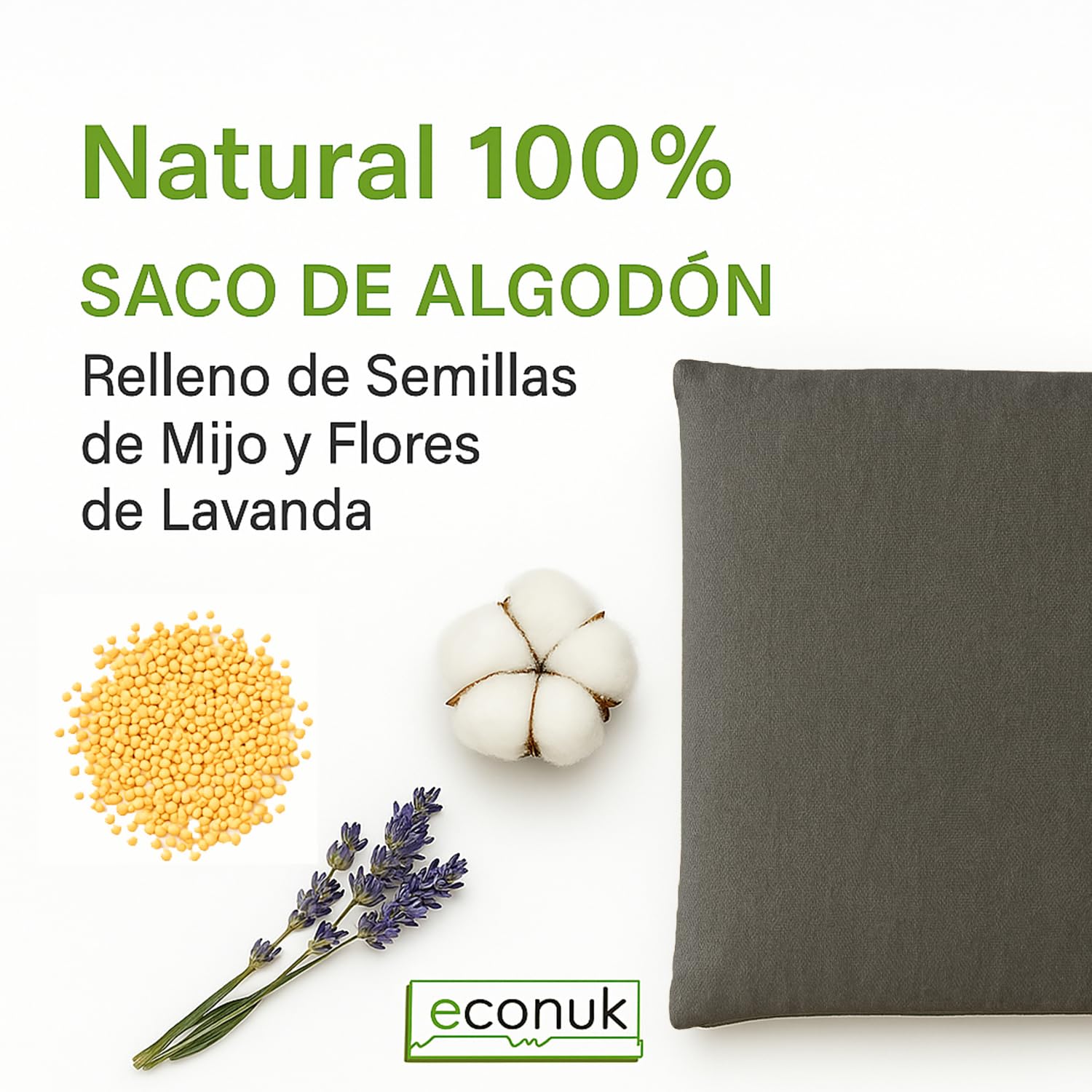 Sacco di semi per microonde con lavanda e miglio, riutilizzabile, per caldo e freddo, sacchetto di semi naturale per collo, schiena e addome (grigio grigio, 22 x 22 cm)