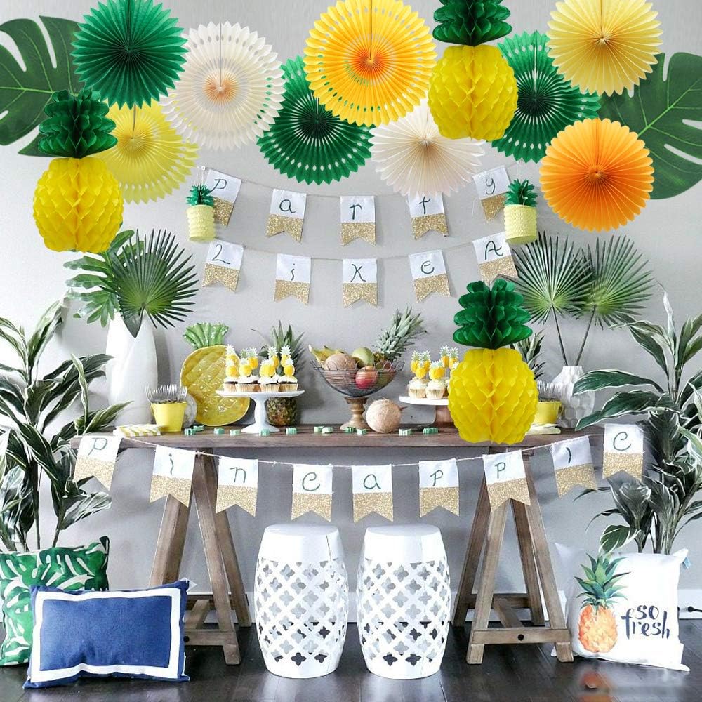 MEIDUO Summer Pineapple Party Decoration, Hawaiian Party Supplies Tropical Palm Leaves Honeycomb Pineapple Hanging Paper Fans for Adults Kids Birthday Baby Shower Bachelorette (Yellow)