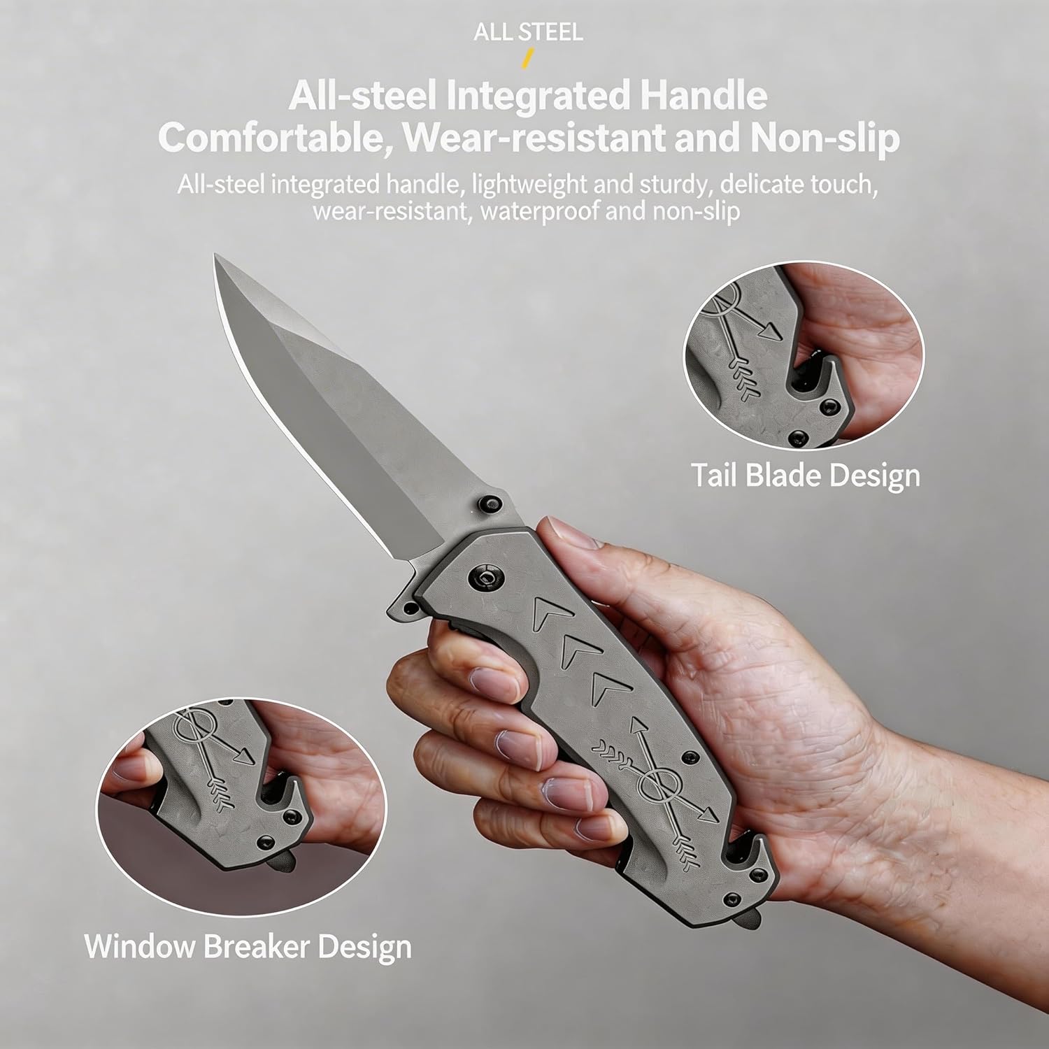 Full Steel Folding Pocket Knife with 3.86" Stainless Blade, EDC Pocket Knife Safety Lock & Pocket Clip -Tail Blade and Broken Window Design, Stainless Steel Handle for Camping Hiking Everyday Carry, 2 Pack