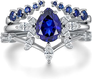 Sapphire Wedding Ring Set Sterling Silver 3Pcs Art Deco Bridal Set,18K W...