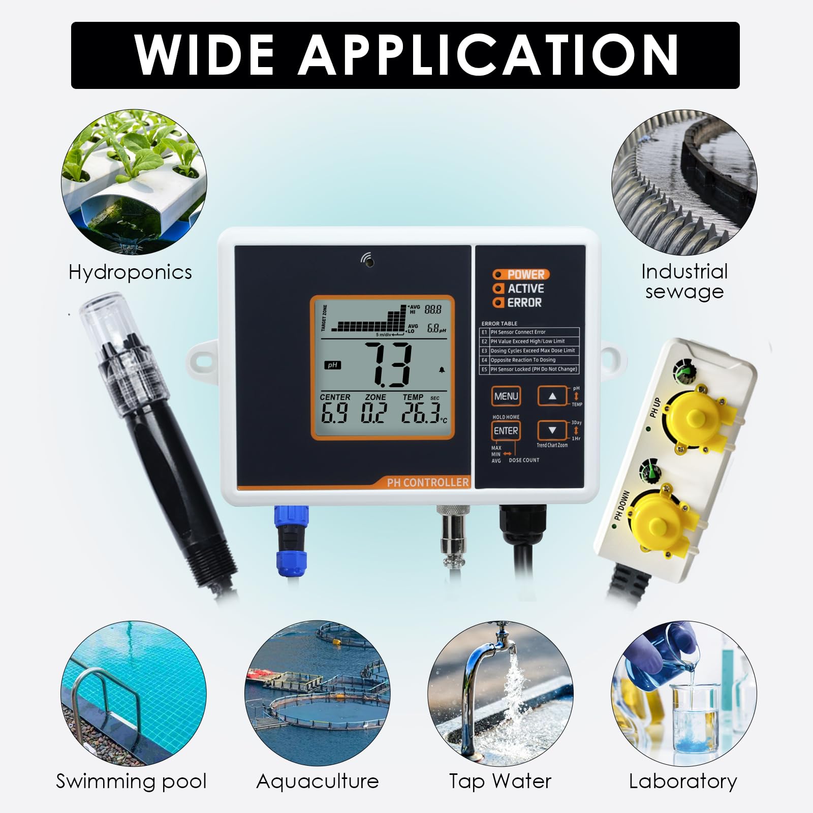 pH-Regler mit Temperaturkompensation, einstellbarer pH-Regelbereich von 4,5 bis 8,5 pH, doppelte Relaisausgabe, einfache Plug-and-Play-Bedienung, pH-Messung für Aquarium und Hydroponiksysteme