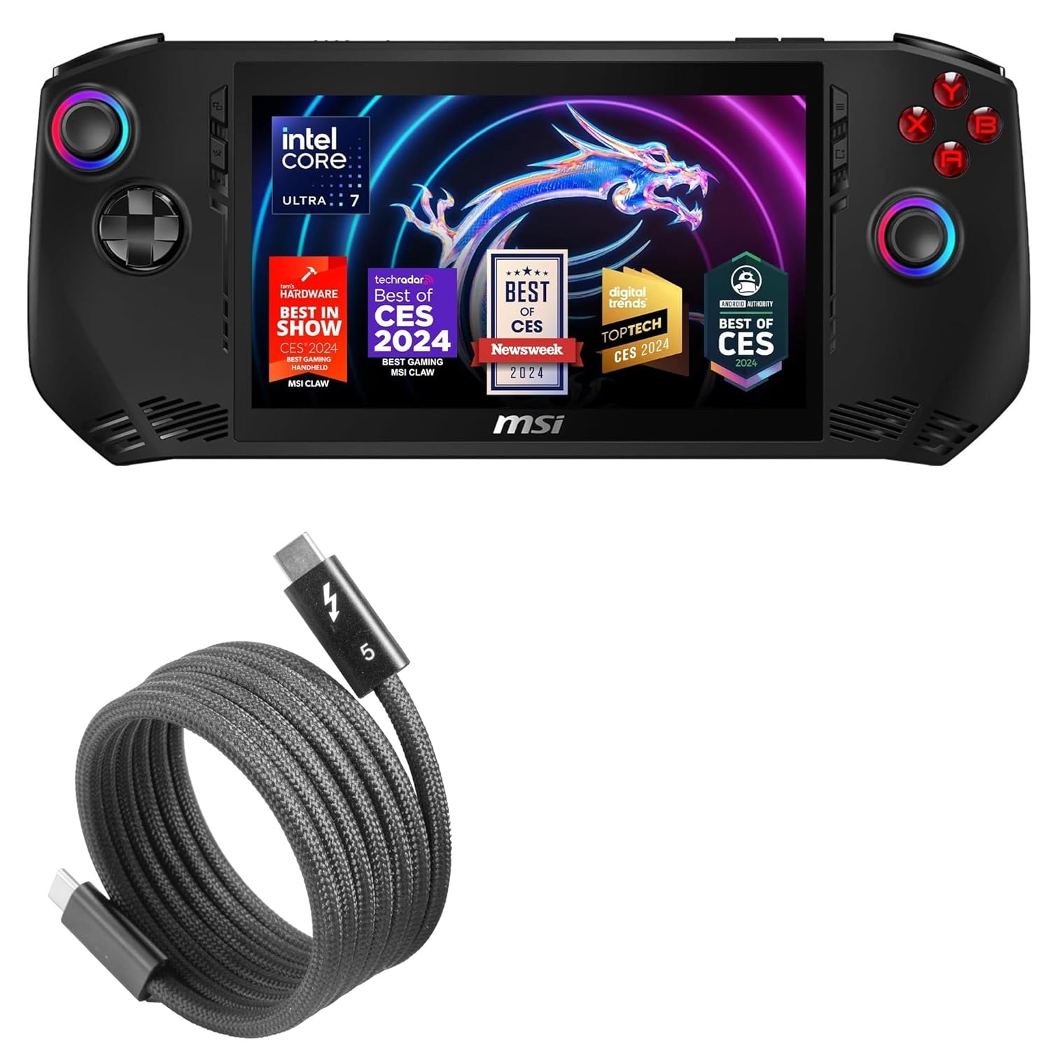 BoxWave Cable Compatible with MSI Claw A1M (7 in) - SnapWrap Thunderbolt 5.0 Cable (5ft 240W), Magnetic Self-Coiling Nylon Braided Retractable - Jet Black