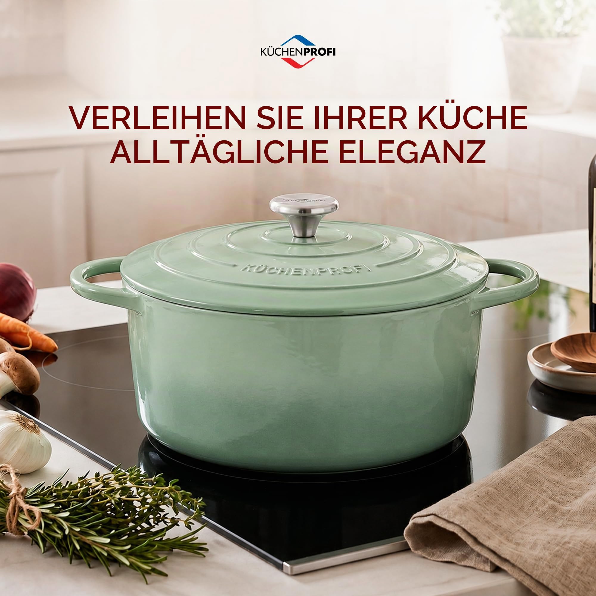 Küchenprofi Gusseisen Bräter mit Deckel rund, jade, 26 cm, Schmortopf, Auflaufform, Dutch Oven, Brotbacktopf, emailliert, für alle Herdarten (inkl. Induktion), zum Schmoren, Backen, Braten