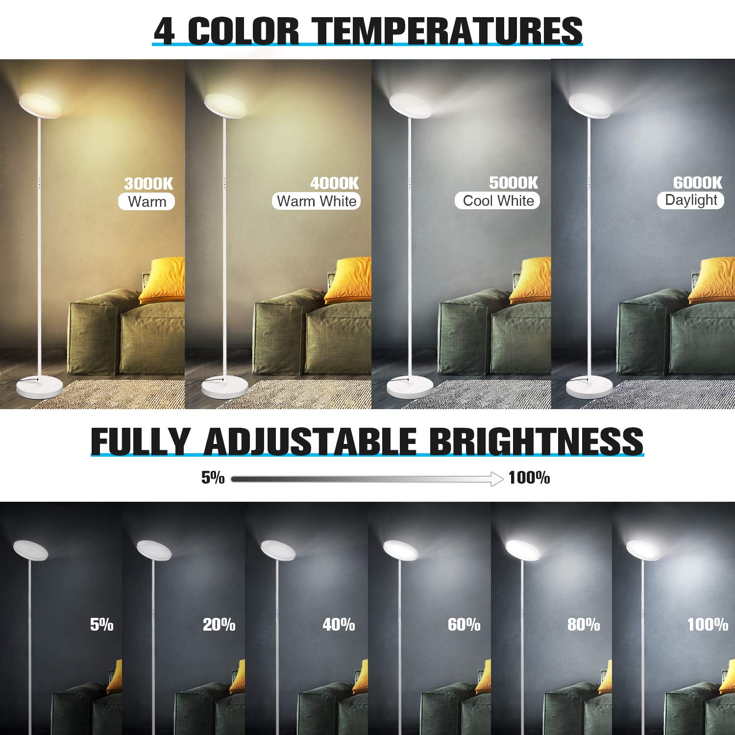 OUTON Stehlampe LED Dimmbar 30W 2400Lumen, Moderne Deckenfluter Stehleuchte Stufenlos mit 4 Farbtemperaturen, Fernbedienung & Touch-Steuerung, 1H Timer für Wohnzimmer Schlafzimmer Büro, Weiß