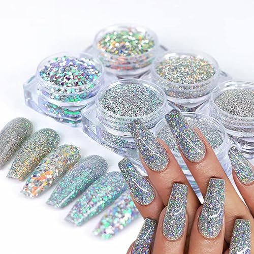 Holographic Nail Glitter Diamond Reflective Nail Powder Glitter Laser Silver Reflective Nail Art Glitter Shiny Pigment Bright Blue Purple Gold Diamond Sequin Design For Women Girls Nail Decorations #TOP3