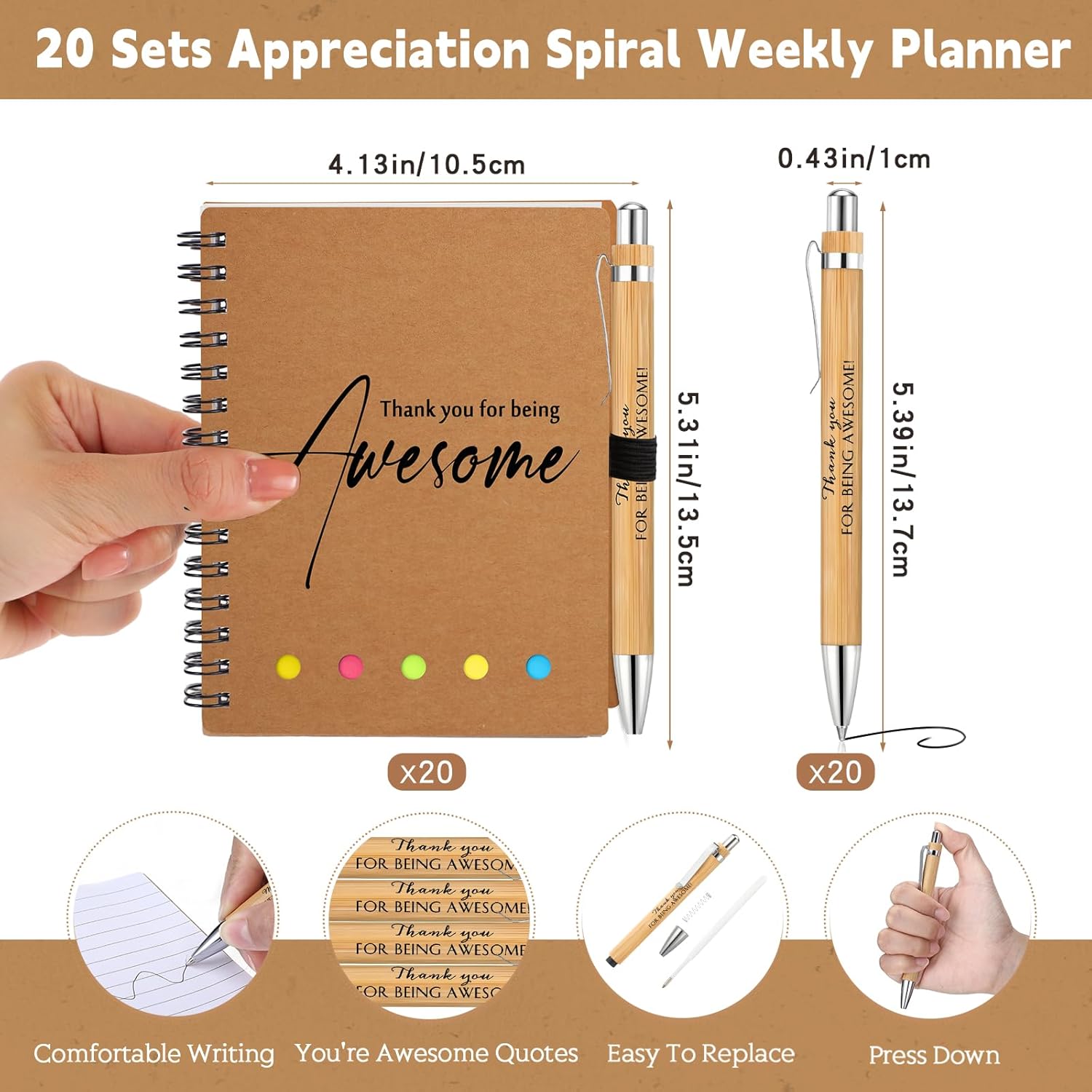 20 Sets Employee Appreciation Gift Bulk for Nurse Teacher Thank You Being Awesome Weekly Planner Notebook Pen Sticky for Teacher Nurse Staff Coworker Graduation Office Staff (Bamboo,Kraft Colors)