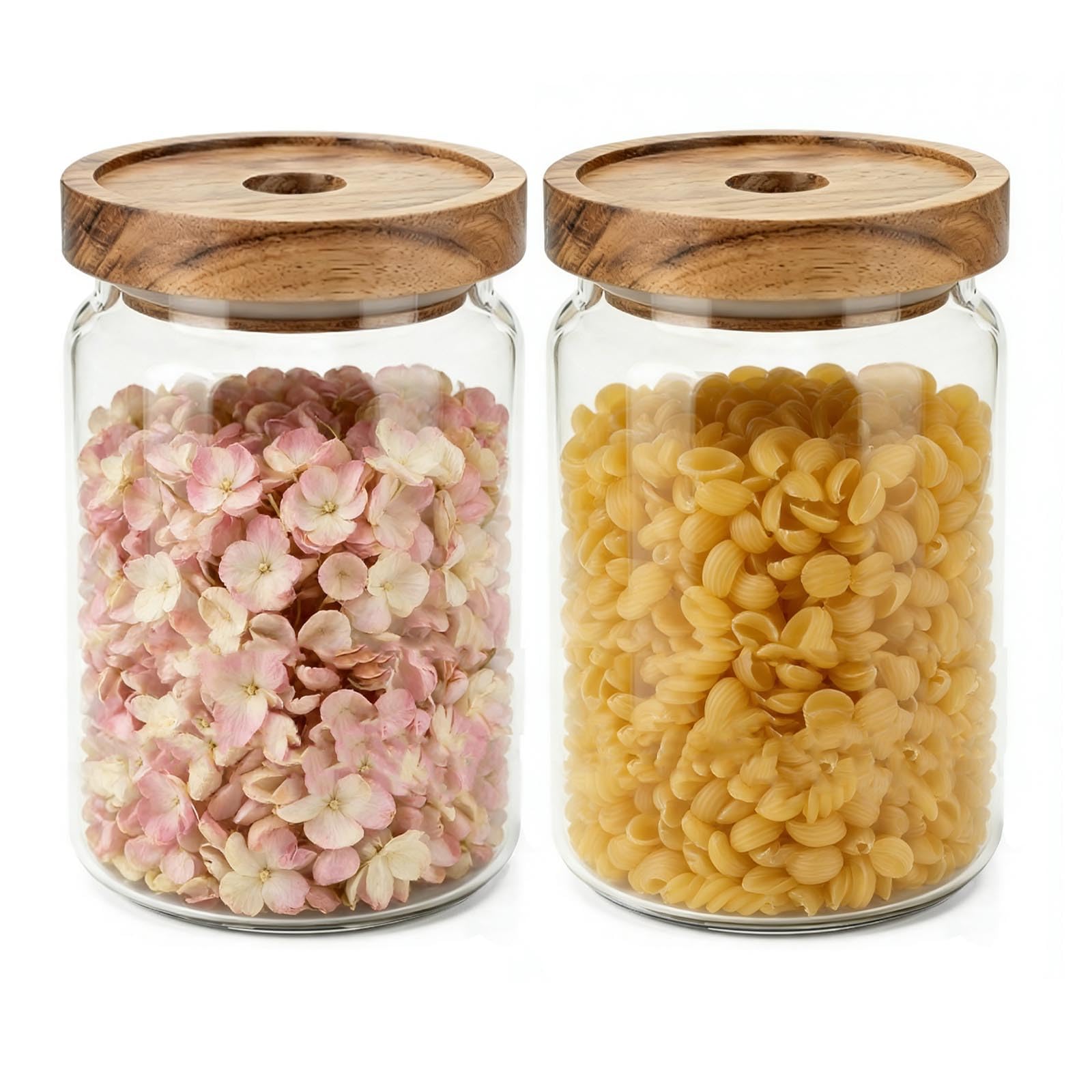 GANILITY Glass Storage Jars with Wooden Lids, 2 Pcs 1000 ml Glass Canister with Acacia Wood Lids, Container with Screw Top, Kitchen Containers for Fusilli, Coffee Beans, Cereal, Oats, Transparent