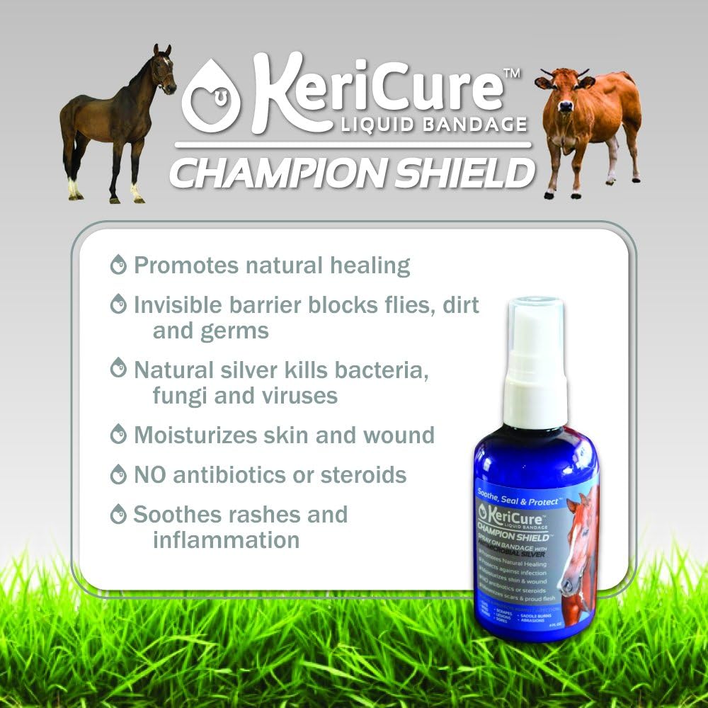 Champion Shield Silver Liquid Bandage Spray for Horses - 4oz Healing Silver Gel Spray for Livestock, Large Animal Wounds - Protective Sweatproof Barrier Blocks Flies - USEF Compliant Wound Protection