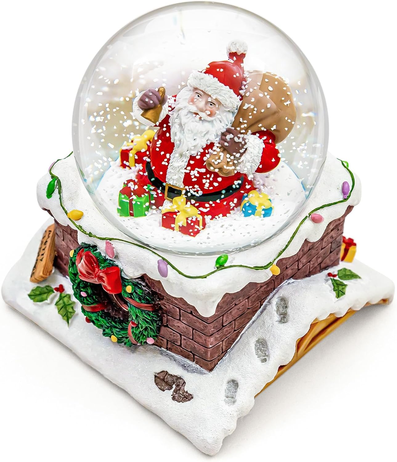 Clearance Christmas Santa Claus on Chimney Musical Snow Globe,A utomatic Snowfall Music Box,Color Lights,Festive Holiday Ornament Gifts for Families Friends Plays 14 Classic Christmas Carols